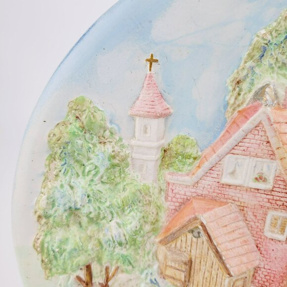 Vintage Chalkware Hand-Painted Ceramic 3D Wall Plate Cottage on River & Bridge - Picture 6 of 9